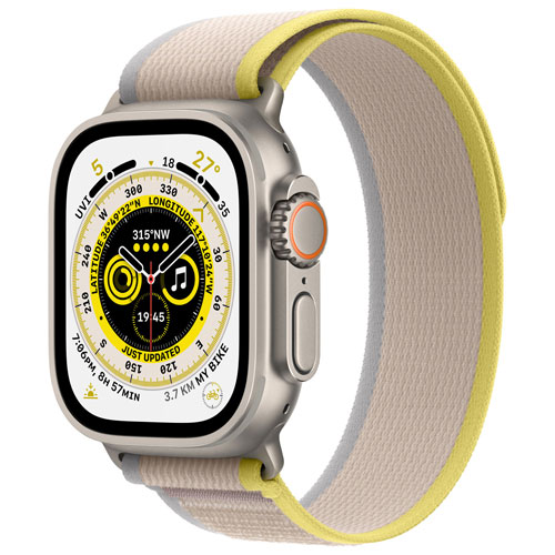 Apple Watch Ultra avec boîtier de 49 mm en titane et bracelet Sentier jaune/beige par Koodo - Petit/Moyen - Paiement Balance mensuel