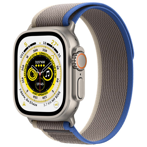 Apple Watch Ultra avec boîtier de 49 mm en titane et bracelet à rabat Sentier bleu/gris par Koodo - Moyen/Grand - Paiement Balance mensuel