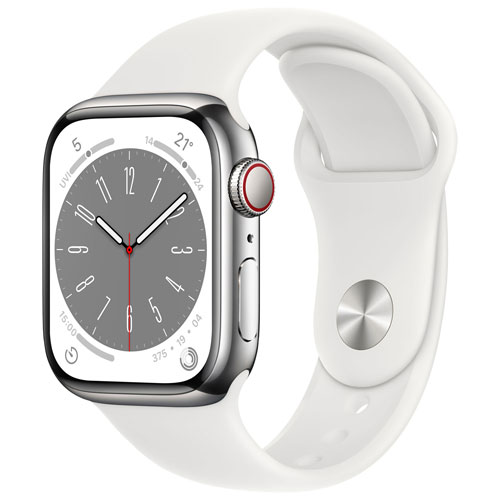 Koodo Apple Watch Series 8 41mm Silver Stainless Steel Case with White Sport Band - Small/Medium - Monthly Tab Payment