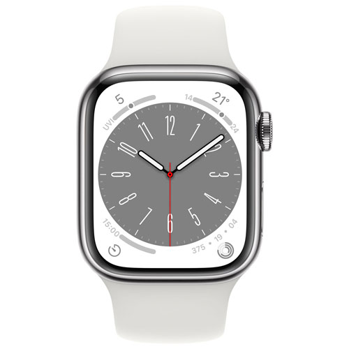 Koodo Apple Watch Series 8 41mm Silver Stainless Steel Case with White Sport Band - Small/Medium - Monthly Tab Payment