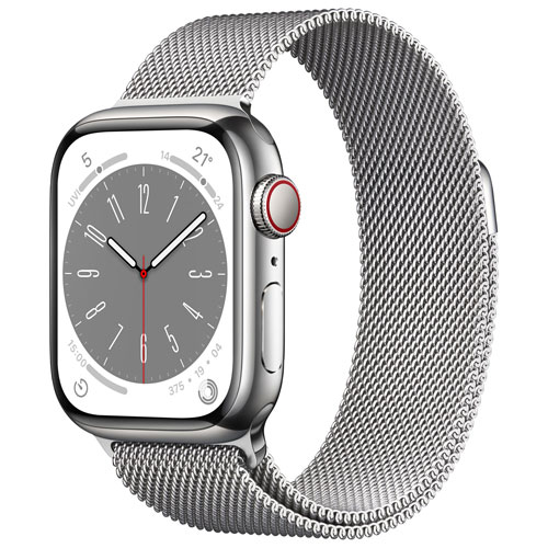 Apple Watch Series 8 avec boîtier de 41 mm en acier inoxydable argenté et bracelet à rabat milanais argenté par Koodo - Petit/Moyen - Paiement Balanc