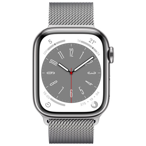 Apple Watch Series 8 avec boîtier de 41 mm en acier inoxydable argenté et bracelet à rabat milanais argenté par Koodo - Petit/Moyen - Paiement