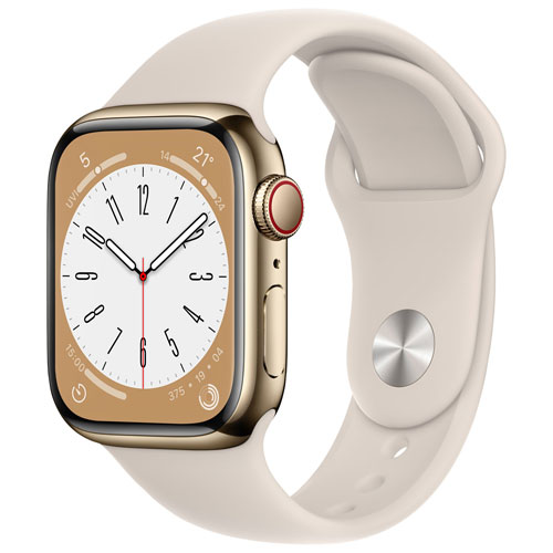 Apple Watch Series 8 avec boîtier de 41 mm en acier inoxydable doré et bracelet sport comète par Koodo - Petit/Moyen - Paiement Balance mensuel