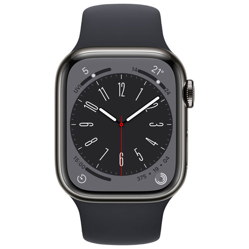 Apple Watch Series 8 avec boîtier de 41 mm en acier inoxydable graphite et bracelet sport minuit par Koodo - Petit/Moyen - Paiement Balance mensuel