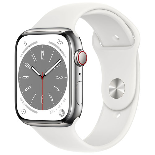 Apple Watch Series 8 avec boîtier de 45 mm en acier inoxydable argenté et bracelet sport blanc par Koodo - Moyen/Grand - Paiement Balance mensuel