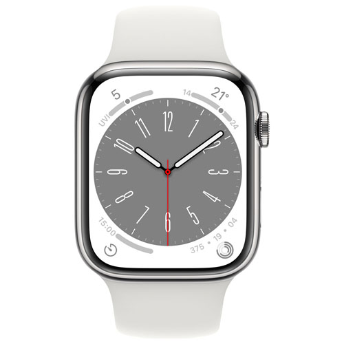 Koodo Apple Watch Series 8 45mm Silver Stainless Steel Case with White Sport Band - Medium/Large - Monthly Tab Payment