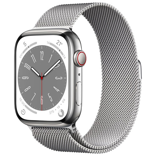 Apple Watch Series 8 avec boîtier de 45 mm en acier inoxydable argenté et bracelet milanais argenté par Koodo - Moyen/Grand - Paiement Balance mensuel