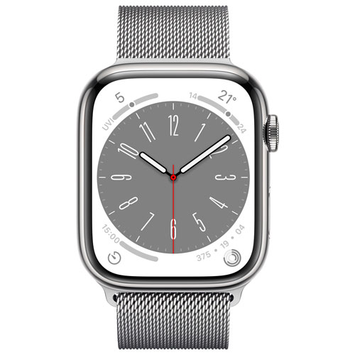 Apple Watch Series 8 avec boîtier de 45 mm en acier inoxydable argenté et bracelet milanais argenté par Koodo - Moyen/Grand - Paiement Balance mensuel
