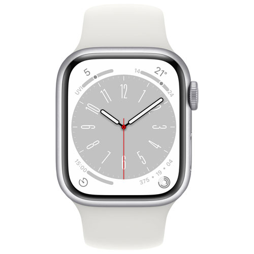Apple Watch Series 8 avec boîtier de 41 mm en aluminium argenté et bracelet sport blanc par Koodo - Petit/Moyen - Paiement Balance mensuel