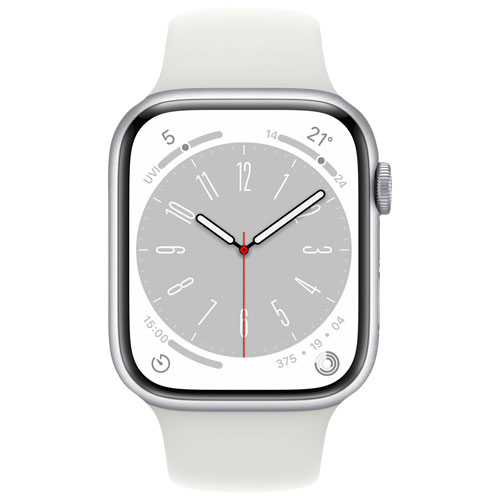 Apple Watch Series 8 avec boîtier de 45 mm en aluminium argenté et bracelet sport blanc par Koodo - Moyen/Grand - Paiement Balance mensuel