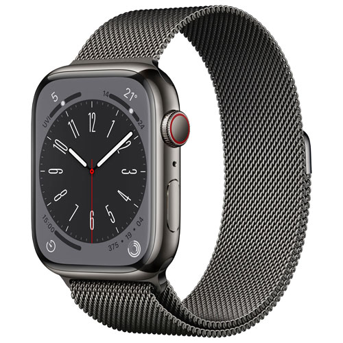 Apple Watch Series 8 avec boîtier de 45 mm en acier inoxydable graphite et bracelet milanais graphite par Koodo - Moyen/Grand - Paiement Balance