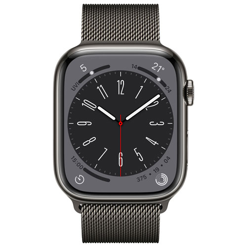 Apple Watch Series 8 avec boîtier de 45 mm en acier inoxydable graphite et bracelet milanais graphite par Koodo - Moyen/Grand - Paiement Balance