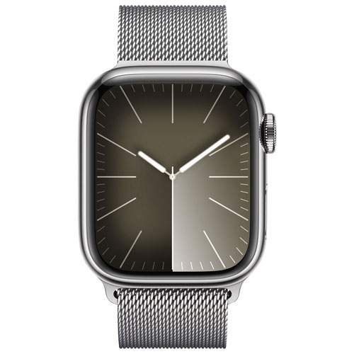 Apple Watch Series 9 de 41 mm avec boîtier en acier inoxydable argenté et bracelet milanais en acier inoxydable argenté par Koodo - Petit - Paiement