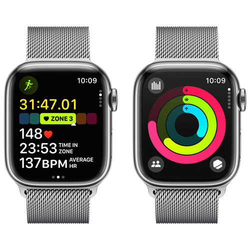 Apple Watch Series 9 de 41 mm avec boîtier en acier inoxydable argenté et bracelet milanais en acier inoxydable argenté par Koodo - Petit - Paiement