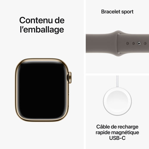 Apple Watch Series 9 avec boîtier de 41 mm en acier inoxydable doré et bracelet sport argile par Koodo - Petit/Moyen 130-180 mm - Paiement Balance