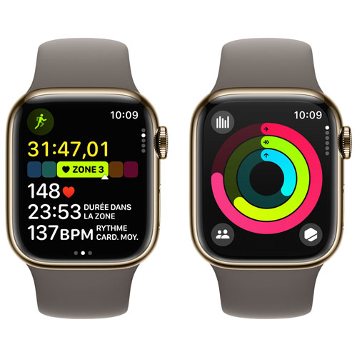 Apple Watch Series 9 avec boîtier de 41 mm en acier inoxydable doré et bracelet sport argile par Koodo - Moyen/Grand 150-200 mm - Paiement Balance