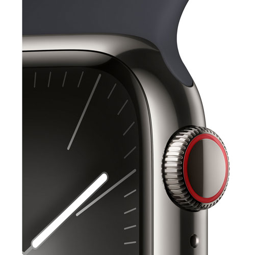 Apple Watch Series 9 avec boîtier de 41 mm en acier inoxydable graphite et bracelet sport minuit par Koodo - Petit/Moyen 130-180 mm - Paiement