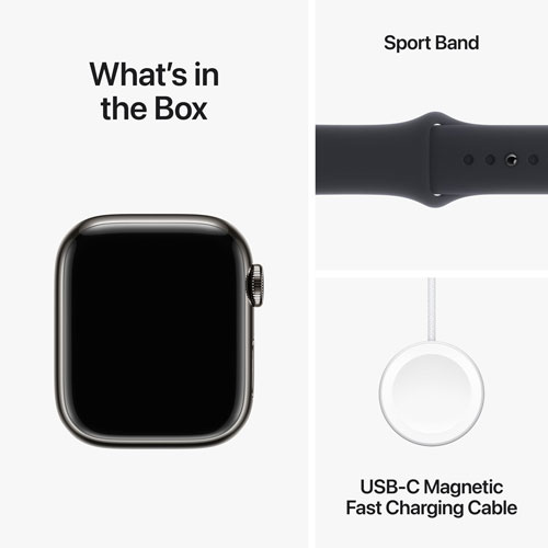 Apple Watch Series 9 avec boîtier de 41 mm en acier inoxydable graphite et bracelet sport minuit par Koodo - Petit/Moyen 130-180 mm - Paiement