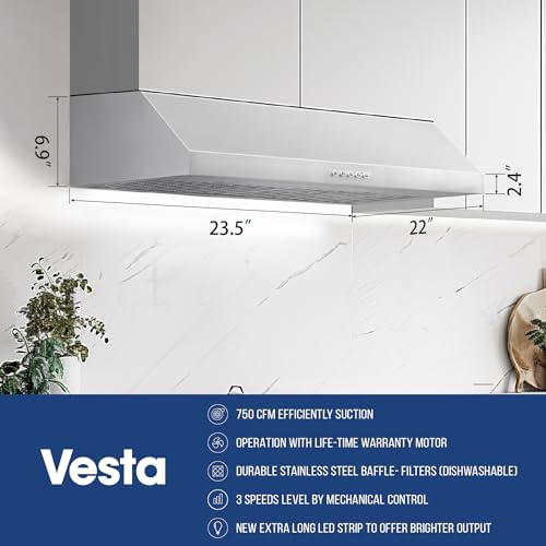 Vesta Chicago 24" Stainless Steel Under Cabinet Range Hood - 750CFM, 3-Speed Exhaust Fan, New Extra LED Light, and Dishwasher-Safe Baffle Filters