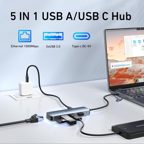 BENFEI USB-C USB 3.0 to Gigabit Ethernet Adapter, 3-Port USB 3.0 Hub with RJ45 Compatible with MacBook Pro/Air 2023, iPad Pro, iMac, S23, XPS 17,
