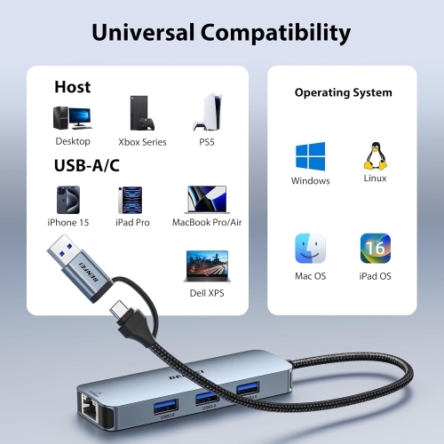 BENFEI USB-C USB 3.0 to Gigabit Ethernet Adapter, 3-Port USB 3.0 Hub with RJ45 Compatible with MacBook Pro/Air 2023, iPad Pro, iMac, S23, XPS 17,