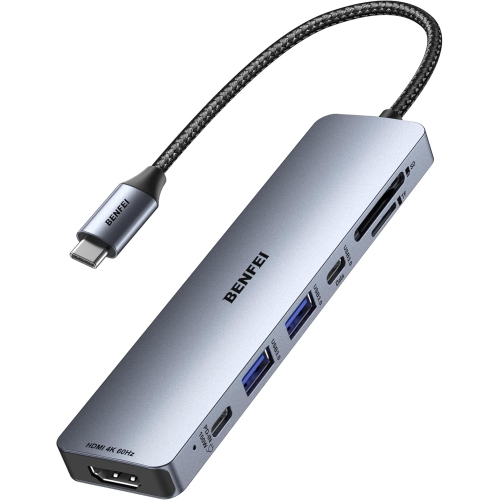 Concentrateur USB-C 7-en-1 de BENFEI avec HDMI, 2 USB-A, 1 données USB-C, chargement 100&nbsp;W, lecteur de cartes SD/TF compatible avec MacBook Pro/