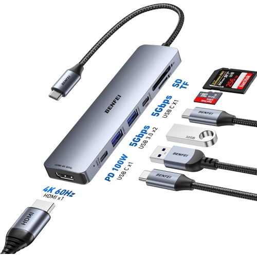 BENFEI 7-in-1 USB C Hub, HDMI 4K@60Hz, 2xUSB-A, USB-C Data, 100W PD, SD/TF Reader, Grey