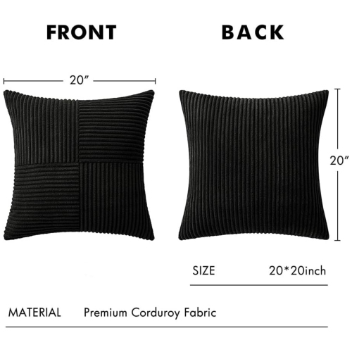 Black Corduroy Pillow Covers Pack of 2 Boho Decorative Spliced Soft Solid Couch Pillowcases Cross Patchwork Textured Cushion Covers for Living Room