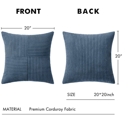 Blue Corduroy Pillow Covers Pack of 2 Boho Decorative Spliced Soft Solid Couch Pillowcases Cross Patchwork Textured Cushion Covers for Living Room