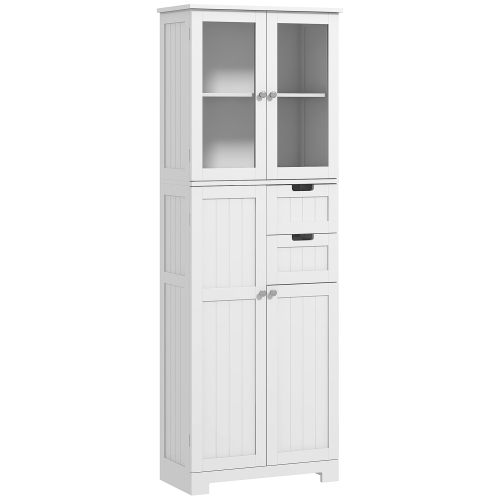 HOMCOM Tall Bathroom Cabinet, Modern Floor Bathroom Storage Cabinet with Glass Doors, Adjustable Shelves, Freestanding Linen Tower, White