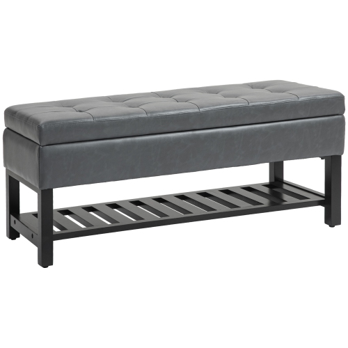 HOMCOM 2 in 1 Lift-Top Storage Ottoman Bench with Tufted Shoe Rack with Open Bottom and Faux Leather Upholstery, Stable Wood Construction, Grey