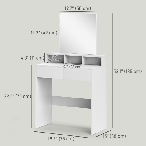 HOMCOM Makeup Vanity Desk with Mirror, for Bedroom, Modern Dressing Table with 2 Storage Drawers, 3 Compartments, for Women Girls, White