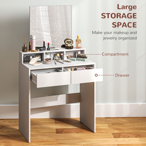HOMCOM Makeup Vanity Desk with Mirror, for Bedroom, Modern Dressing Table with 2 Storage Drawers, 3 Compartments, for Women Girls, White