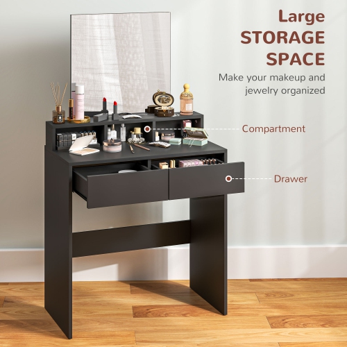 HOMCOM Makeup Vanity Desk with Mirror, for Bedroom, Modern Dressing Table with 2 Storage Drawers, 3 Compartments, for Women Girls, Black