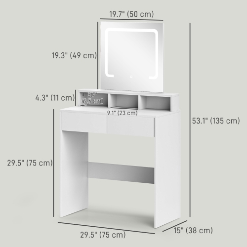 HOMCOM Makeup Vanity Desk with Mirror and Lights, for Bedroom, Modern LED Lighted Dressing Table with 2 Storage Drawers, 3 Compartments, 3 Lighting