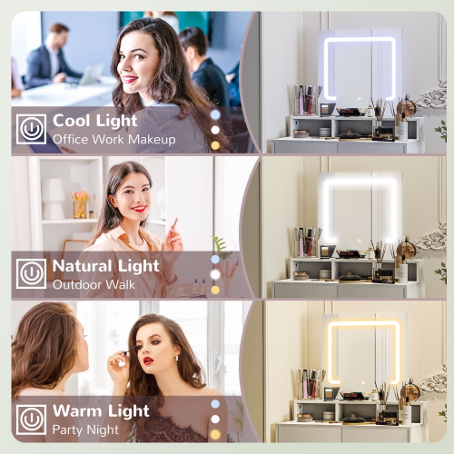 HOMCOM Makeup Vanity Desk with Mirror and Lights, for Bedroom, Modern LED Lighted Dressing Table with 2 Storage Drawers, 3 Compartments, 3 Lighting