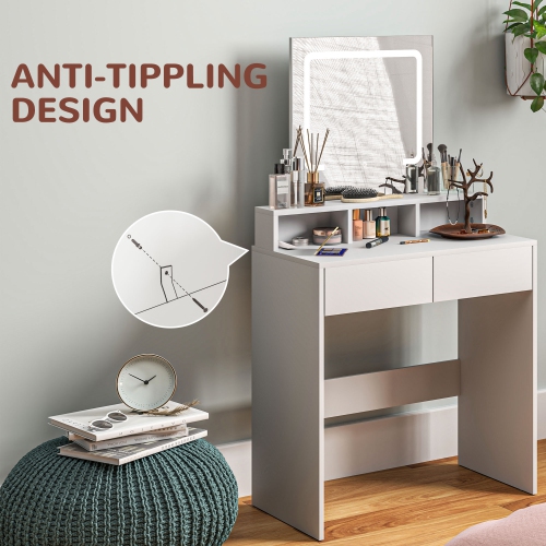 HOMCOM Makeup Vanity Desk with Mirror and Lights, for Bedroom, Modern LED Lighted Dressing Table with 2 Storage Drawers, 3 Compartments, 3 Lighting