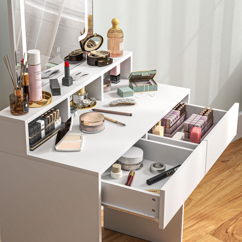 HOMCOM Makeup Vanity Desk with Mirror and Lights, for Bedroom, Modern LED Lighted Dressing Table with 2 Storage Drawers, 3 Compartments, 3 Lighting