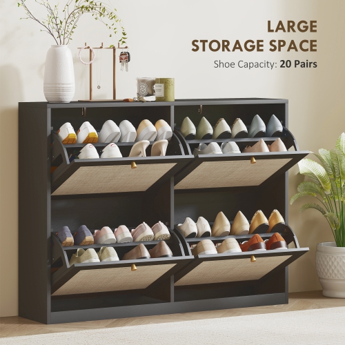 HOMCOM Boho Rattan Shoe Cabinet with 4 Flip Drawers and Adjustable Shelves, Narrow Shoe Storage Cabinet, Holds 20 Pairs for Entryway, Hallway, Black