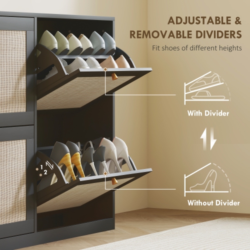 HOMCOM Boho Rattan Shoe Cabinet with 4 Flip Drawers and Adjustable Shelves, Narrow Shoe Storage Cabinet, Holds 20 Pairs for Entryway, Hallway, Black