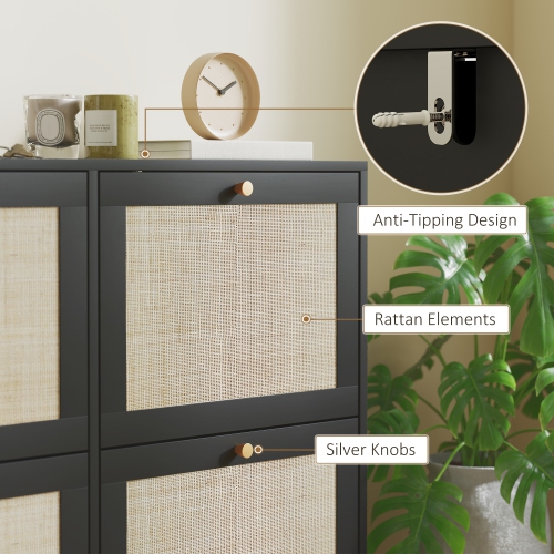 HOMCOM Boho Rattan Shoe Cabinet with 4 Flip Drawers and Adjustable Shelves, Narrow Shoe Storage Cabinet, Holds 20 Pairs for Entryway, Hallway, Black