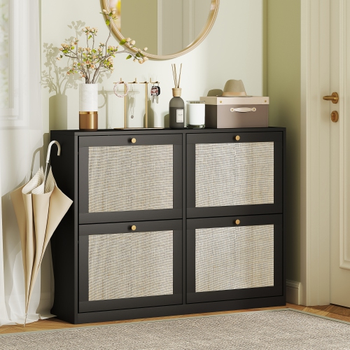 HOMCOM Boho Rattan Shoe Cabinet with 4 Flip Drawers and Adjustable Shelves, Narrow Shoe Storage Cabinet, Holds 20 Pairs for Entryway, Hallway, Black