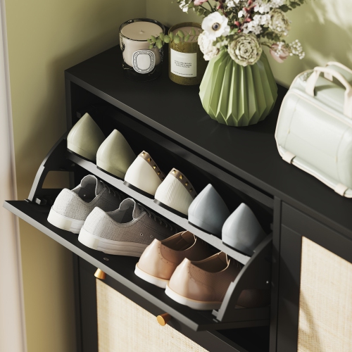 HOMCOM Boho Rattan Shoe Cabinet with 4 Flip Drawers and Adjustable Shelves, Narrow Shoe Storage Cabinet, Holds 20 Pairs for Entryway, Hallway, Black