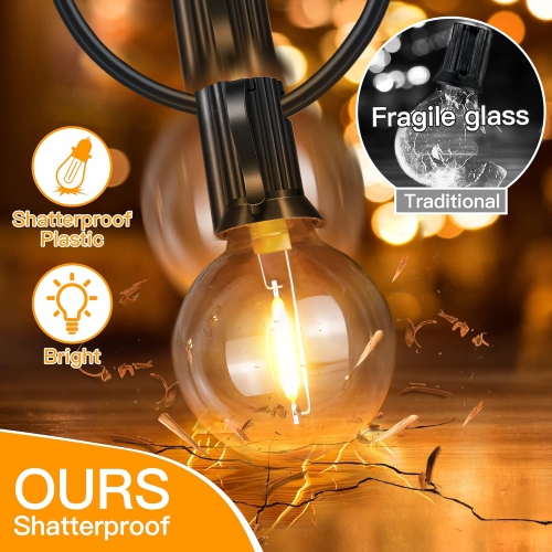 Guirlande de lumières d'extérieur de 50 pi d'Ollny Light, lumière extérieure étanche et incassable avec 25 ampoules Edison + 2 ampoules DEL de