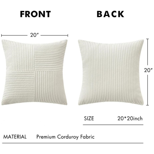 White Corduroy Pillow Covers Pack of 2 Boho Decorative Spliced Soft Solid Couch Pillowcases Cross Patchwork Textured Cushion Covers for Living Room