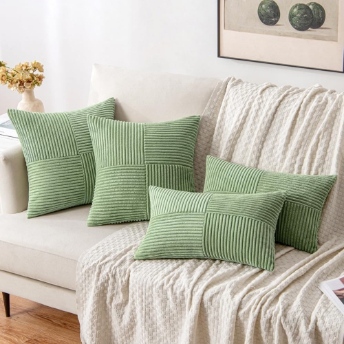 Sage Green Corduroy Pillow Covers Pack of 2 Boho Decorative Spliced Soft Solid Couch Pillowcases Cross Patchwork Textured Cushion Covers for Living