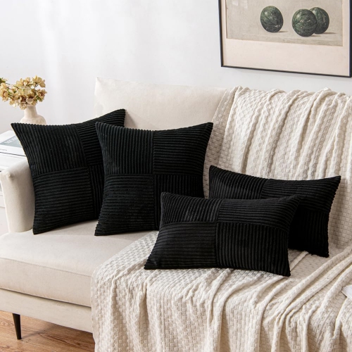Black Corduroy Pillow Covers Pack of 2 Boho Decorative Spliced Soft Solid Couch Pillowcases Cross Patchwork Textured Cushion Covers for Living Room