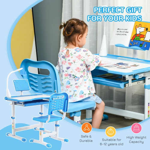 Qaba Kids Desk and Chair Set Height Adjustable Student Writing Desk Children School Study Table with Tilt Desktop, LED Lamp, Pen Box, Drawer, Reading