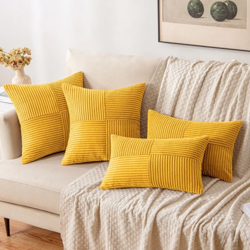 Mustard Yellow Corduroy Pillow Covers Pack of 2 Boho Decorative Spliced Soft Solid Couch Pillowcases Cross Patchwork Textured Cushion Covers for