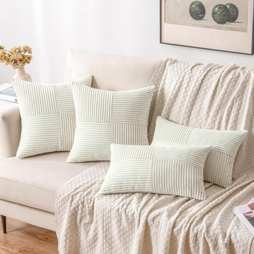 White Corduroy Pillow Covers Pack of 2 Boho Decorative Spliced Soft Solid Couch Pillowcases Cross Patchwork Textured Cushion Covers for Living Room